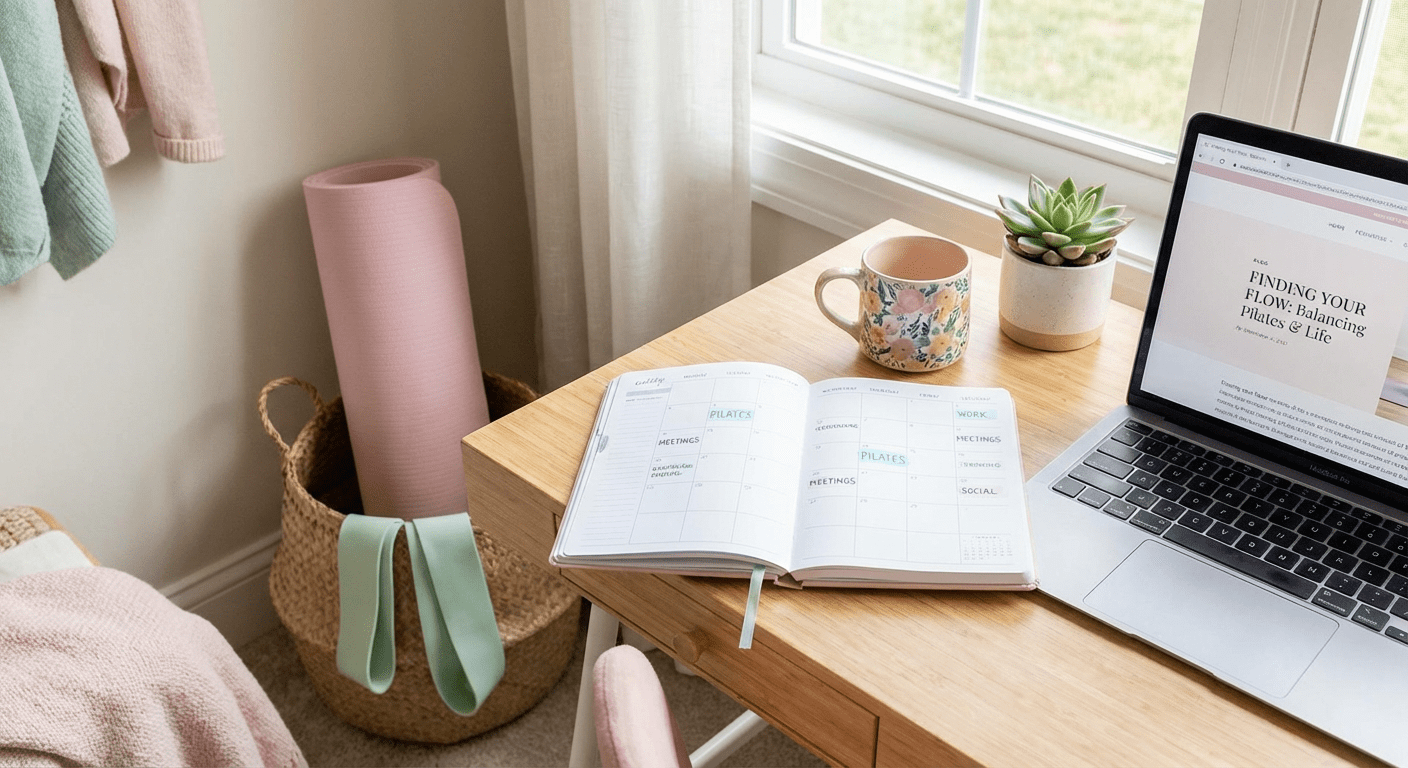 Pilates workout planner on desk with yoga mat and laptop showing wellness blog