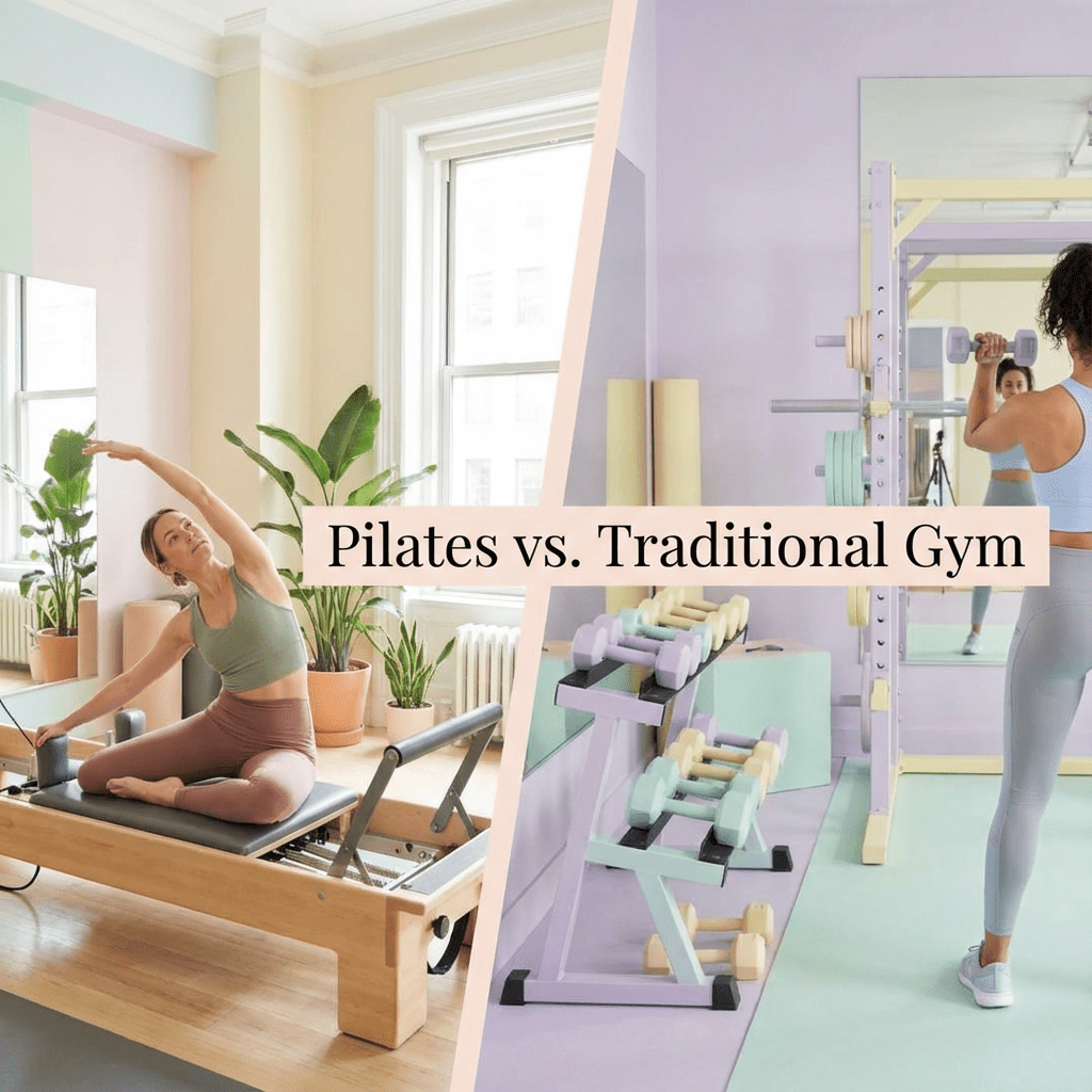 Woman practicing Pilates on reformer machine versus woman doing strength training with dumbbells in gym, comparing two fitness approaches
